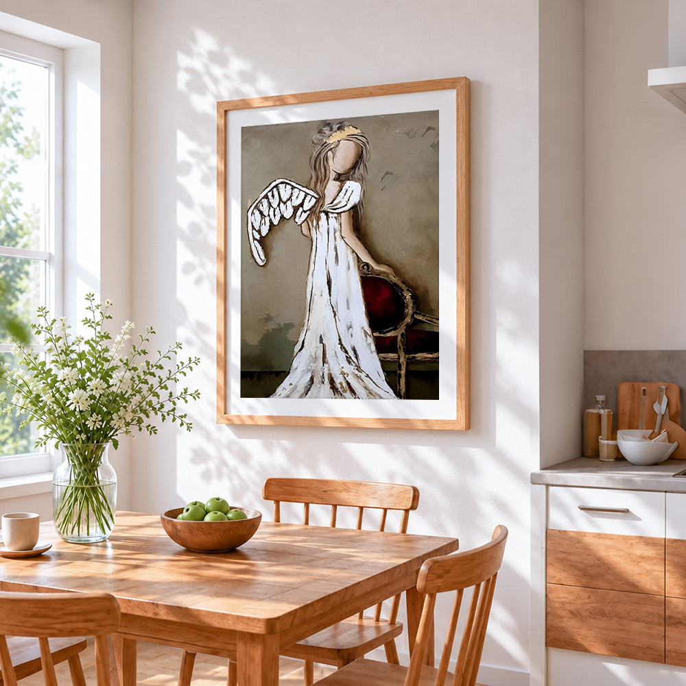 Abstract angel with white wings cross stitch artwork displayed on wall as home decor
