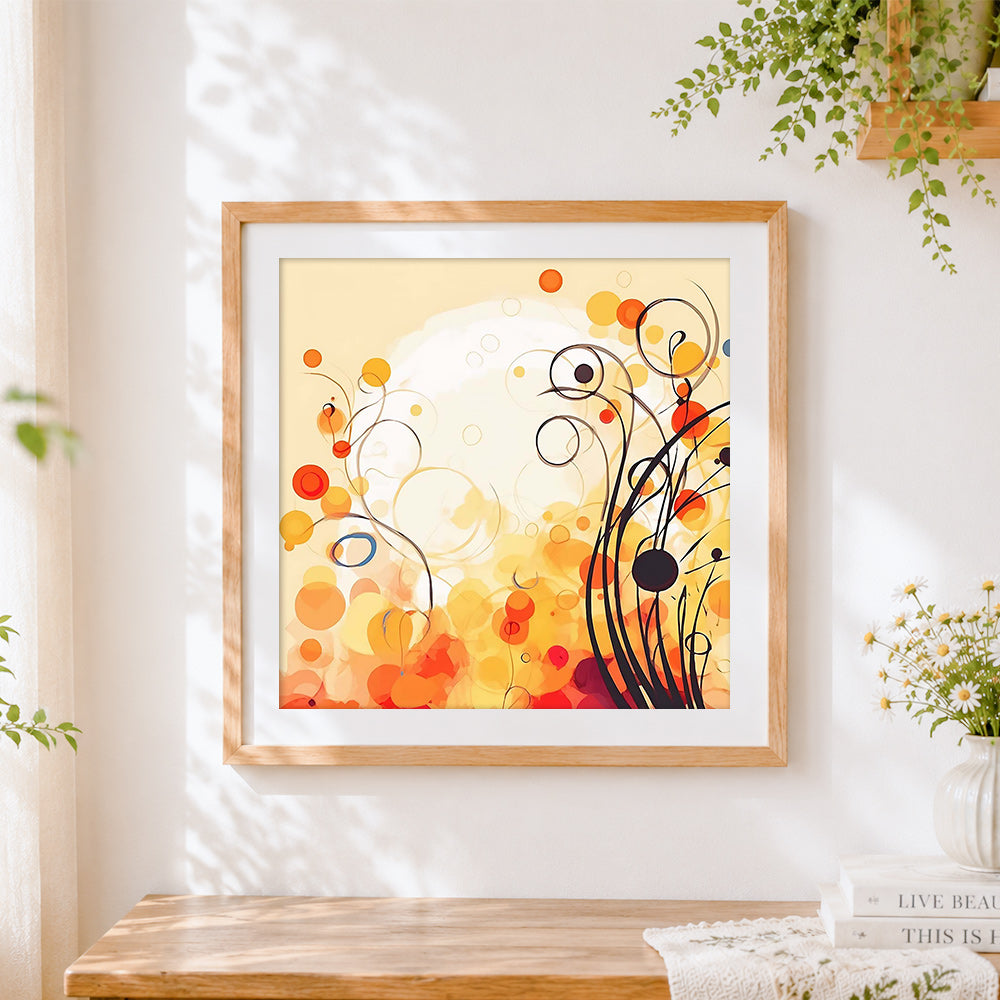 Finished abstract autumn dots and lines cross stitch artwork displayed