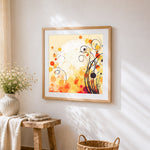 Abstract autumn dots and lines cross stitch artwork displayed on wall as home decor