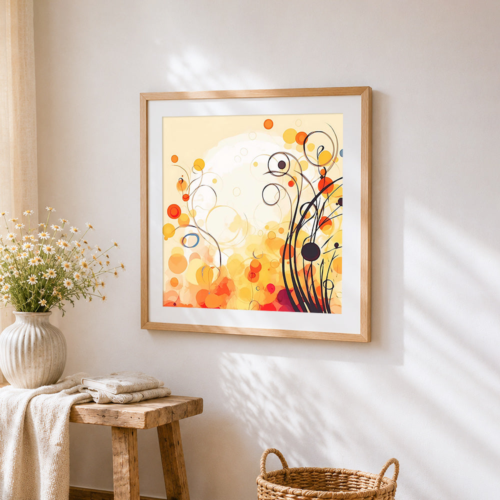 Abstract autumn dots and lines cross stitch artwork displayed on wall as home decor