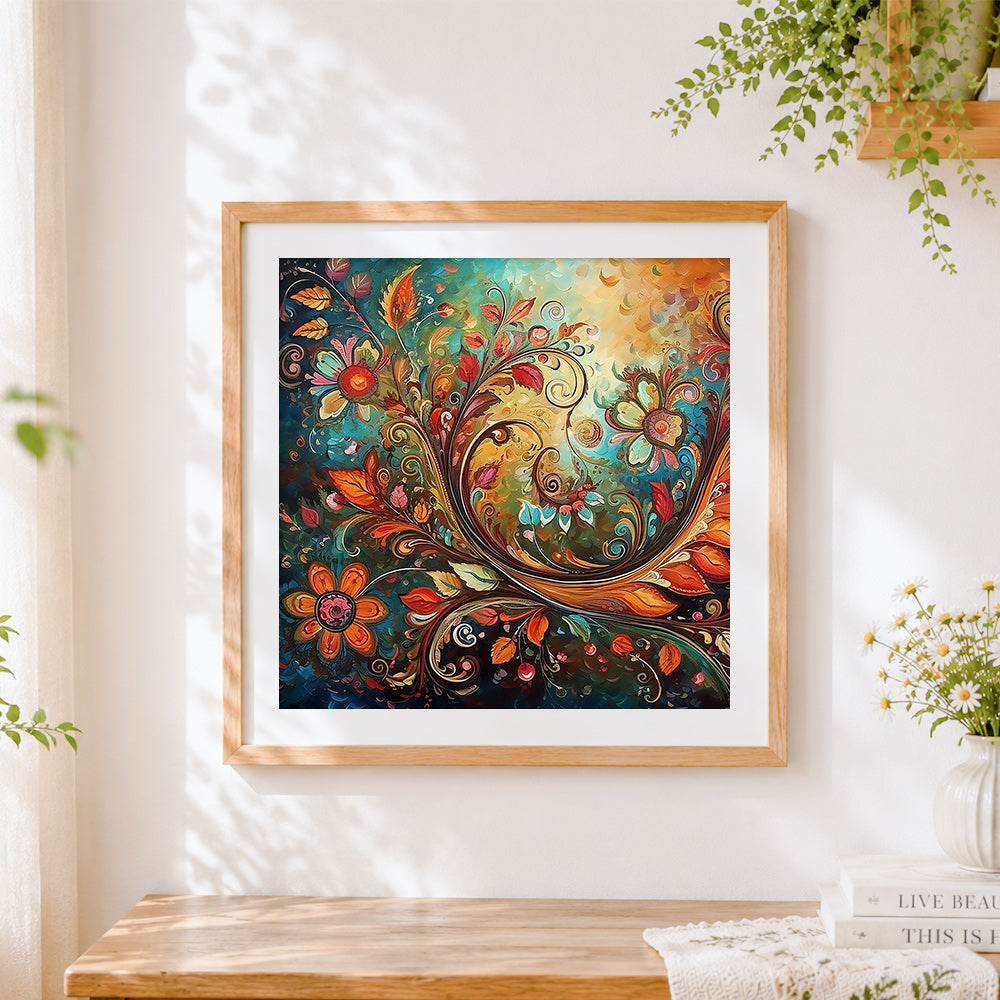 Finished abstract autumn floral swirls cross stitch artwork displayed