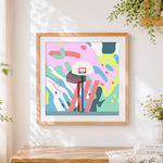 Finished abstract basketball hoop and court cross stitch artwork displayed