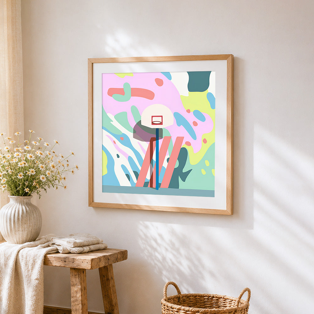 Abstract basketball hoop and court cross stitch artwork displayed on wall as home decor
