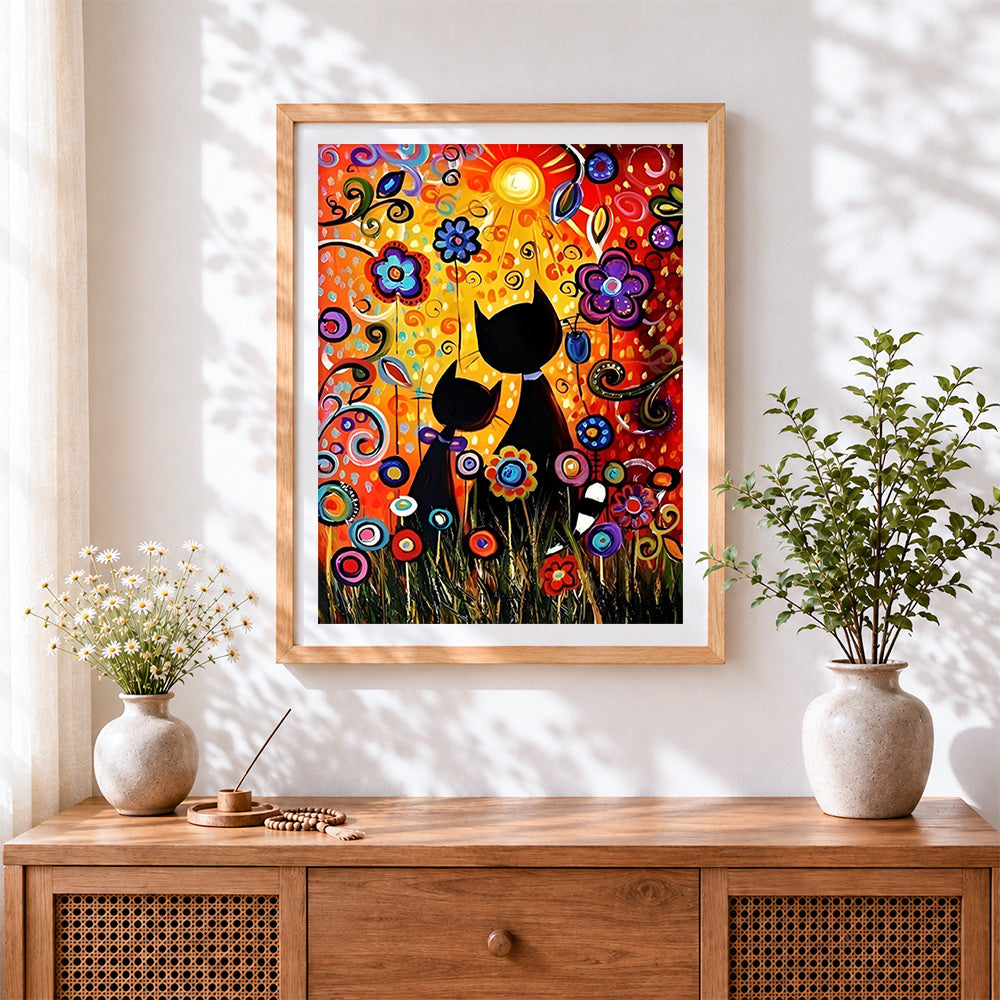 Finished abstract black cats and flowers cross stitch artwork displayed