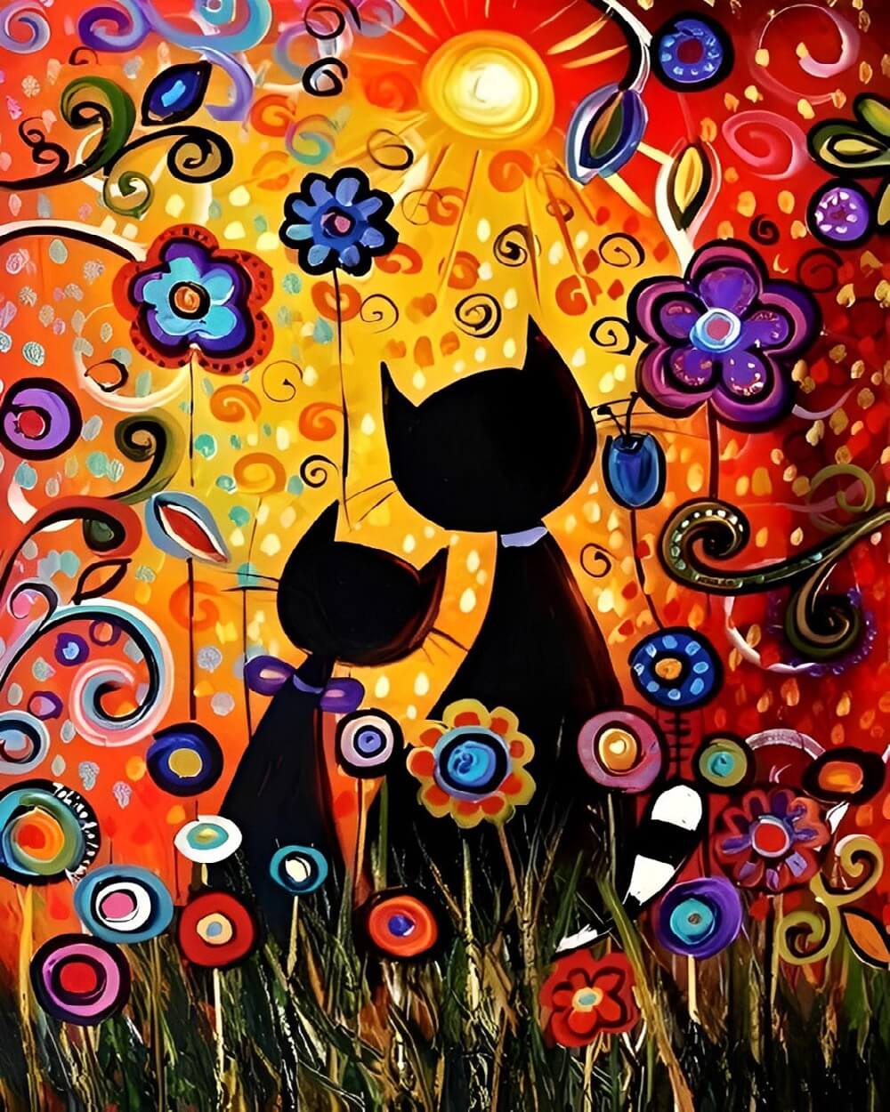 Abstract black cats and flowers cross stitch kit for beginners