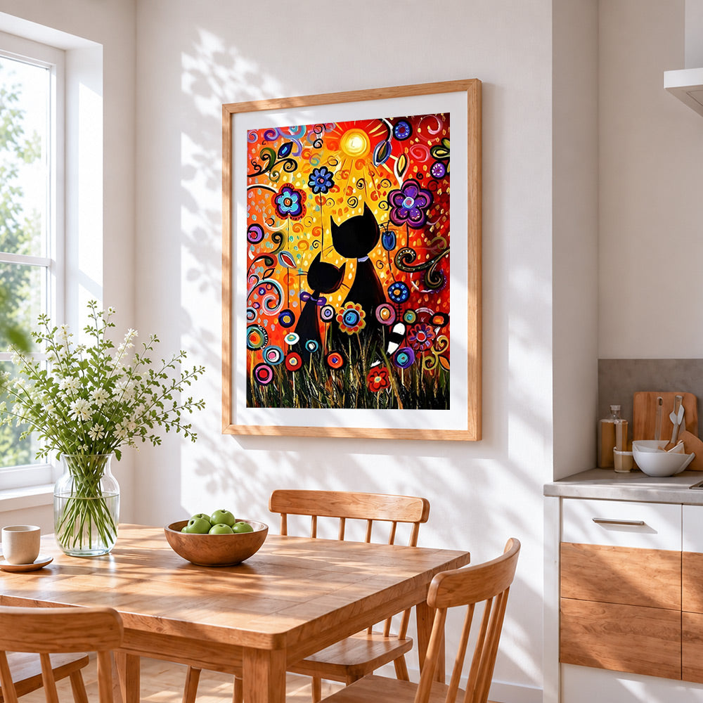 Abstract black cats and flowers cross stitch artwork displayed on wall as home decor