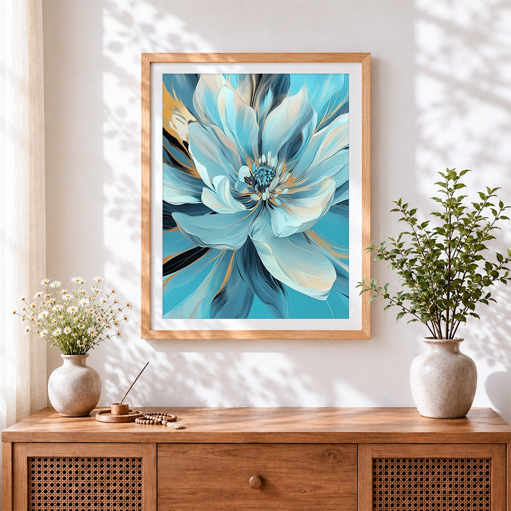 Finished abstract blue and gold flower cross stitch artwork displayed