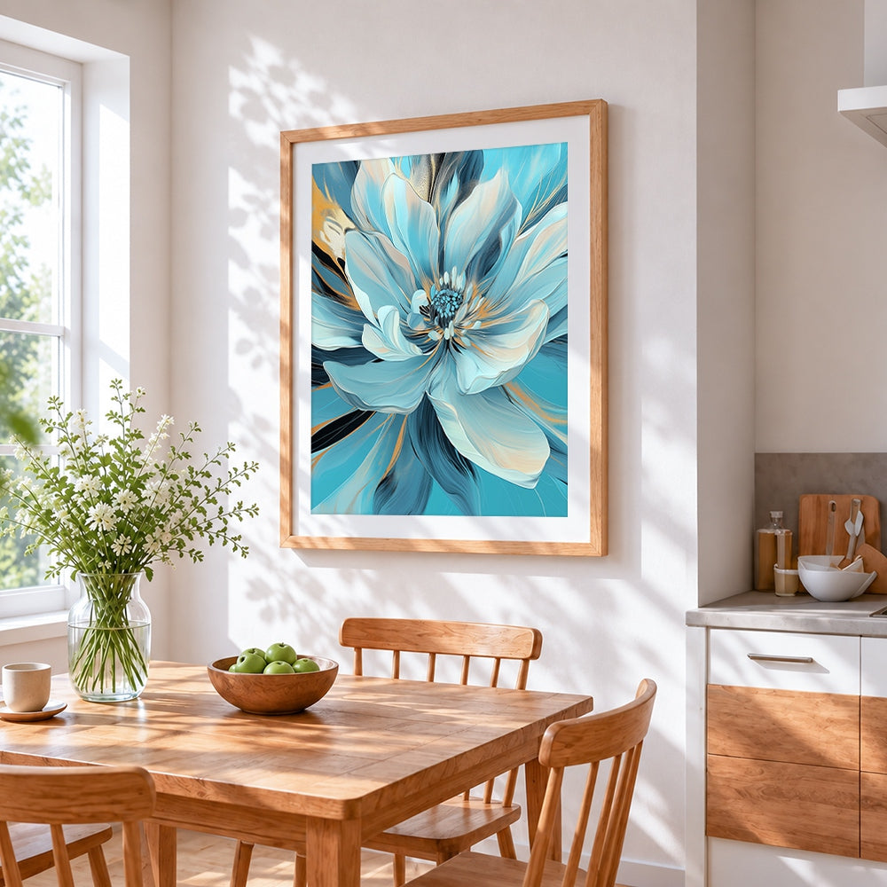 Abstract blue and gold flower cross stitch artwork displayed on wall as home decor