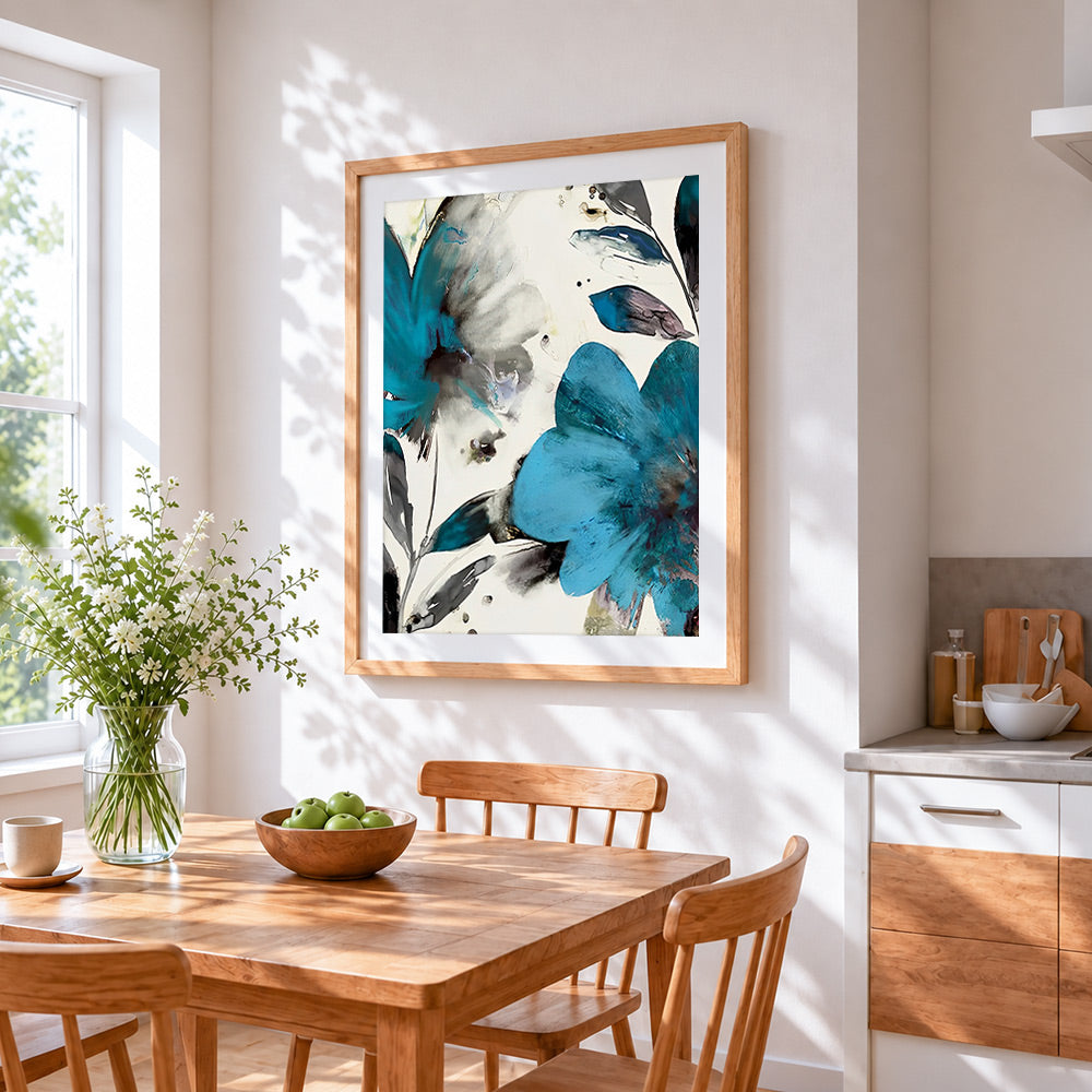 Abstract blue and grey flowers cross stitch artwork displayed on wall as home decor