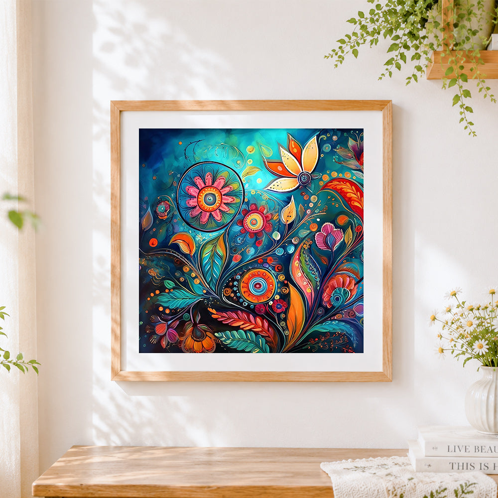 Finished abstract blue and orange floral swirls cross stitch artwork displayed