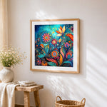 Abstract blue and orange floral swirls cross stitch artwork displayed on wall as home decor