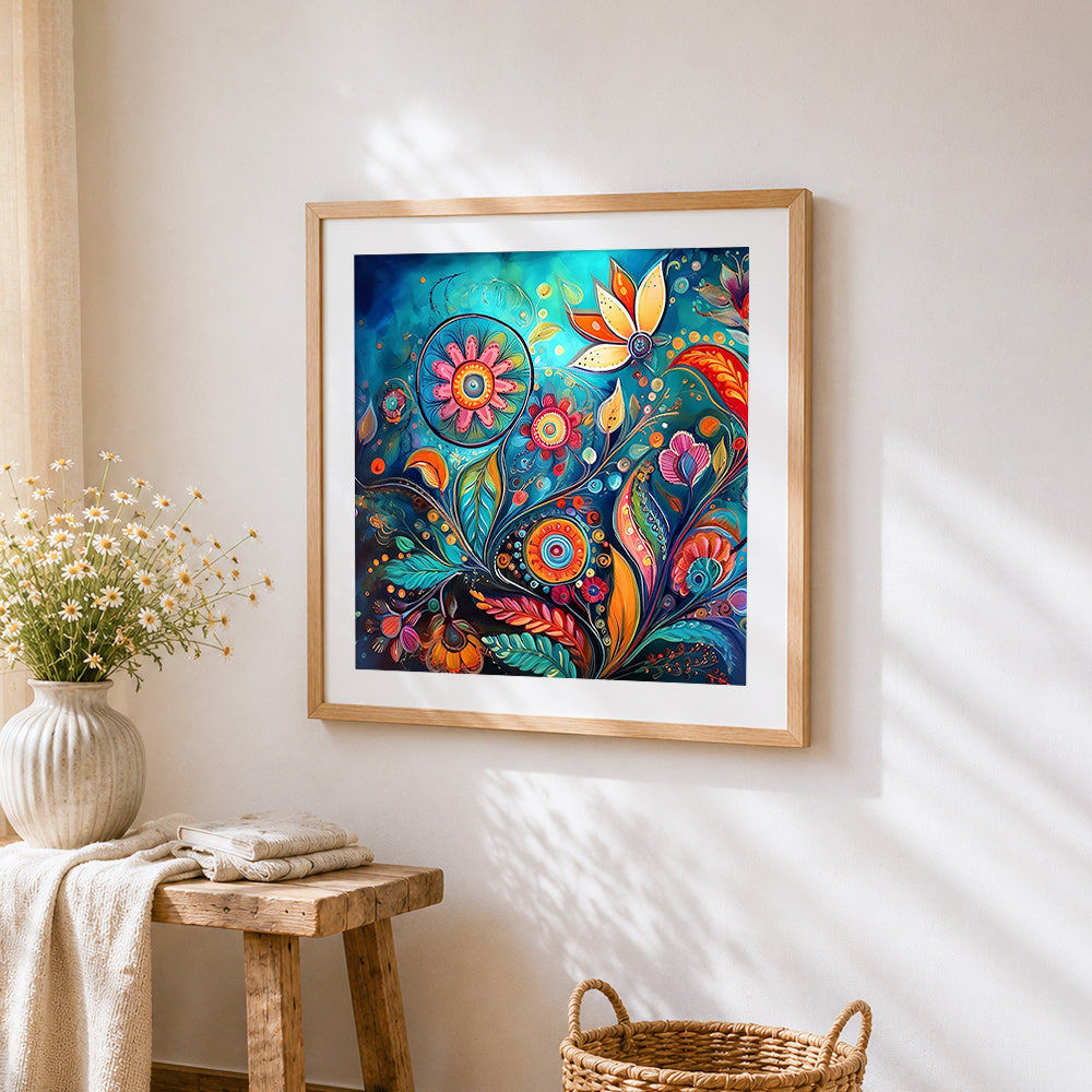 Abstract blue and orange floral swirls cross stitch artwork displayed on wall as home decor