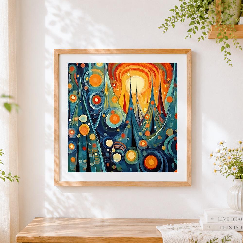 Finished abstract cartoon christmas tree cross stitch artwork displayed