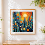 Finished abstract cartoon christmas tree cross stitch artwork displayed