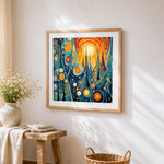 Abstract cartoon christmas tree cross stitch artwork displayed on wall as home decor