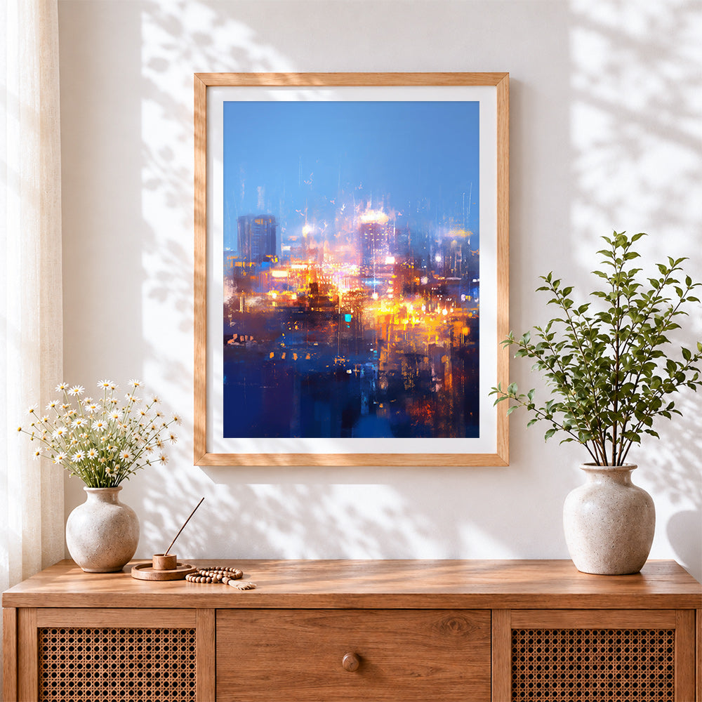 Finished abstract city lights cross stitch artwork displayed
