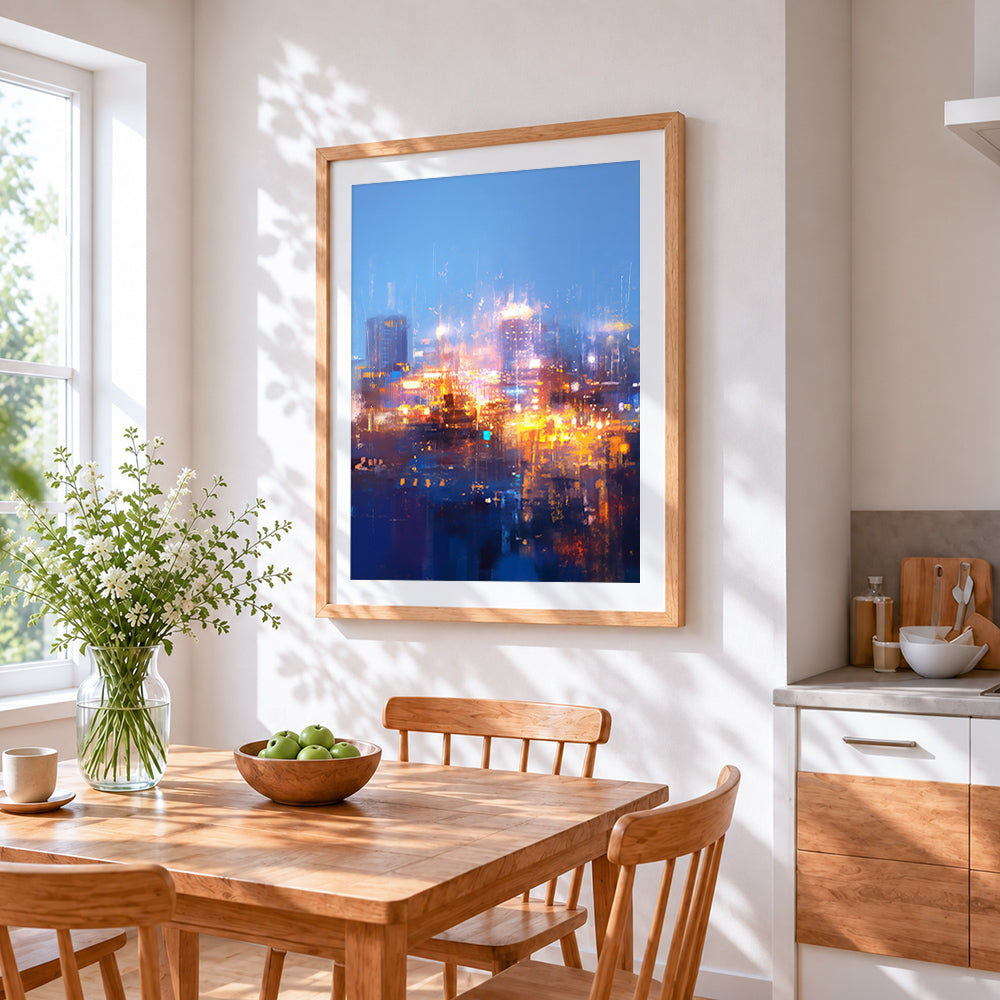 Abstract city lights cross stitch artwork displayed on wall as home decor
