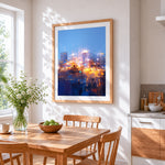 Abstract city lights cross stitch artwork displayed on wall as home decor