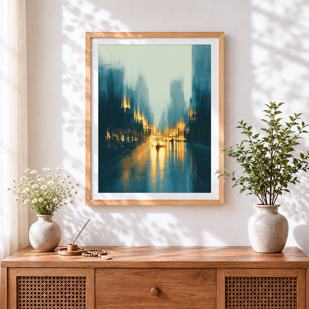 Finished abstract city lights in the rain cross stitch artwork displayed