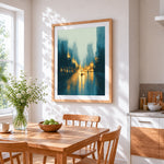 Abstract city lights in the rain cross stitch artwork displayed on wall as home decor