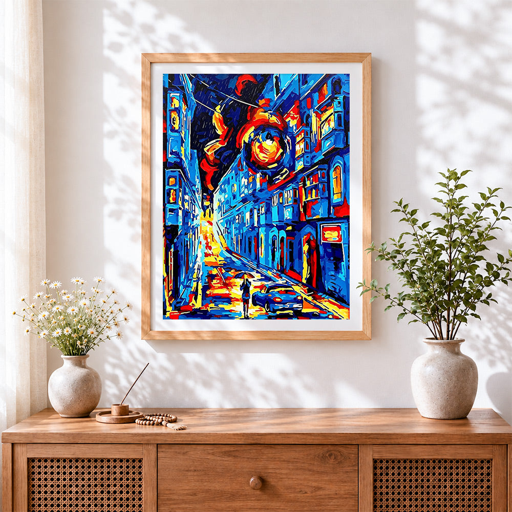 Finished abstract city rain cross stitch artwork displayed