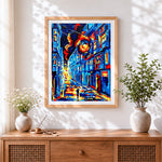 Finished abstract city rain cross stitch artwork displayed