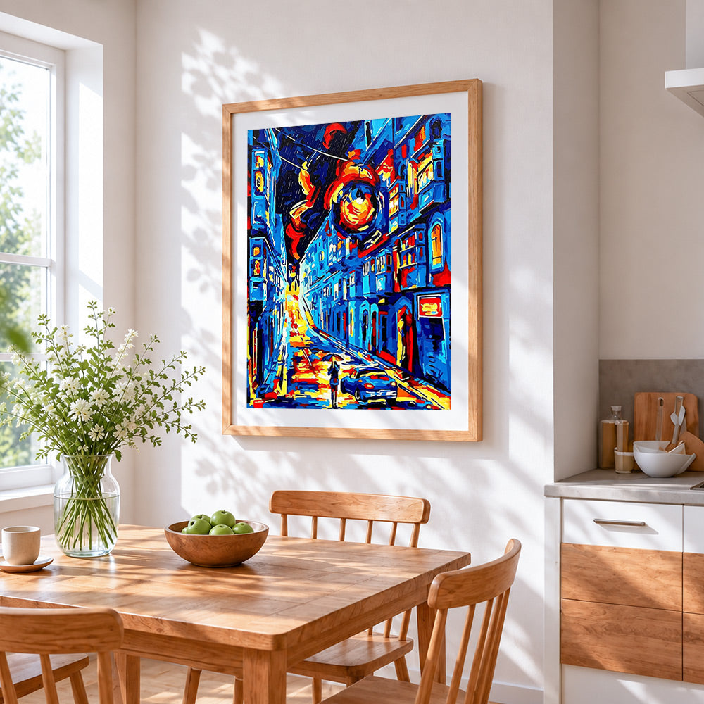 Abstract city rain cross stitch artwork displayed on wall as home decor