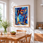 Abstract city rain cross stitch artwork displayed on wall as home decor