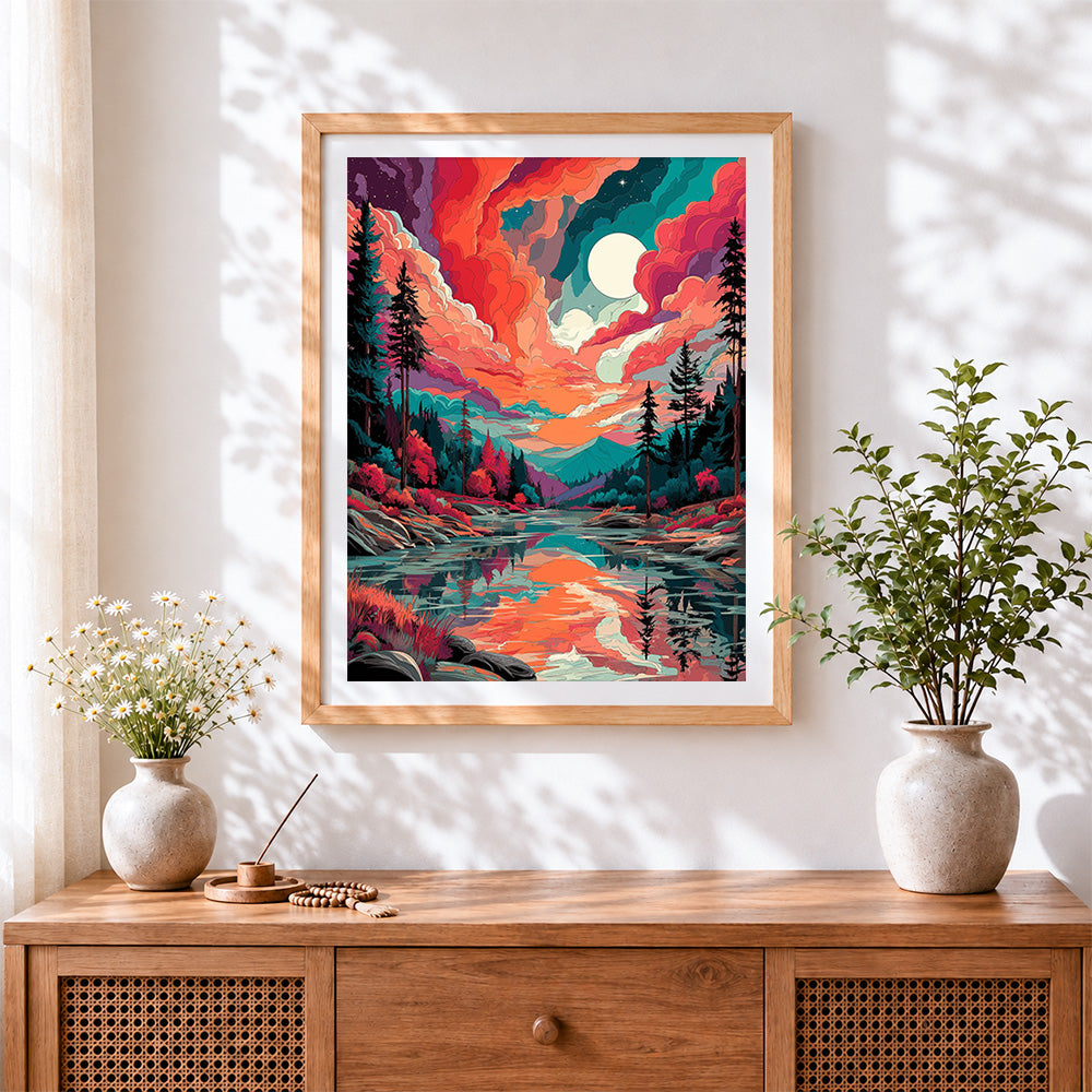 Finished abstract clouds and lake cross stitch artwork displayed