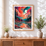 Finished abstract clouds and lake cross stitch artwork displayed