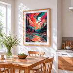 Abstract clouds and lake cross stitch artwork displayed on wall as home decor