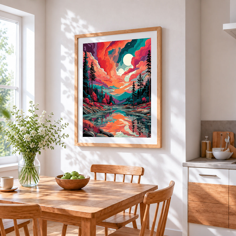 Abstract clouds and lake cross stitch artwork displayed on wall as home decor
