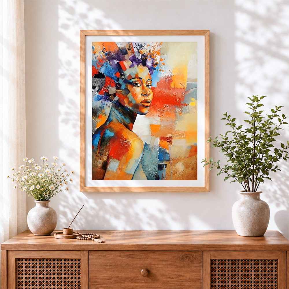 Finished abstract colourful african woman cross stitch artwork displayed