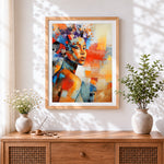 Finished abstract colourful african woman cross stitch artwork displayed