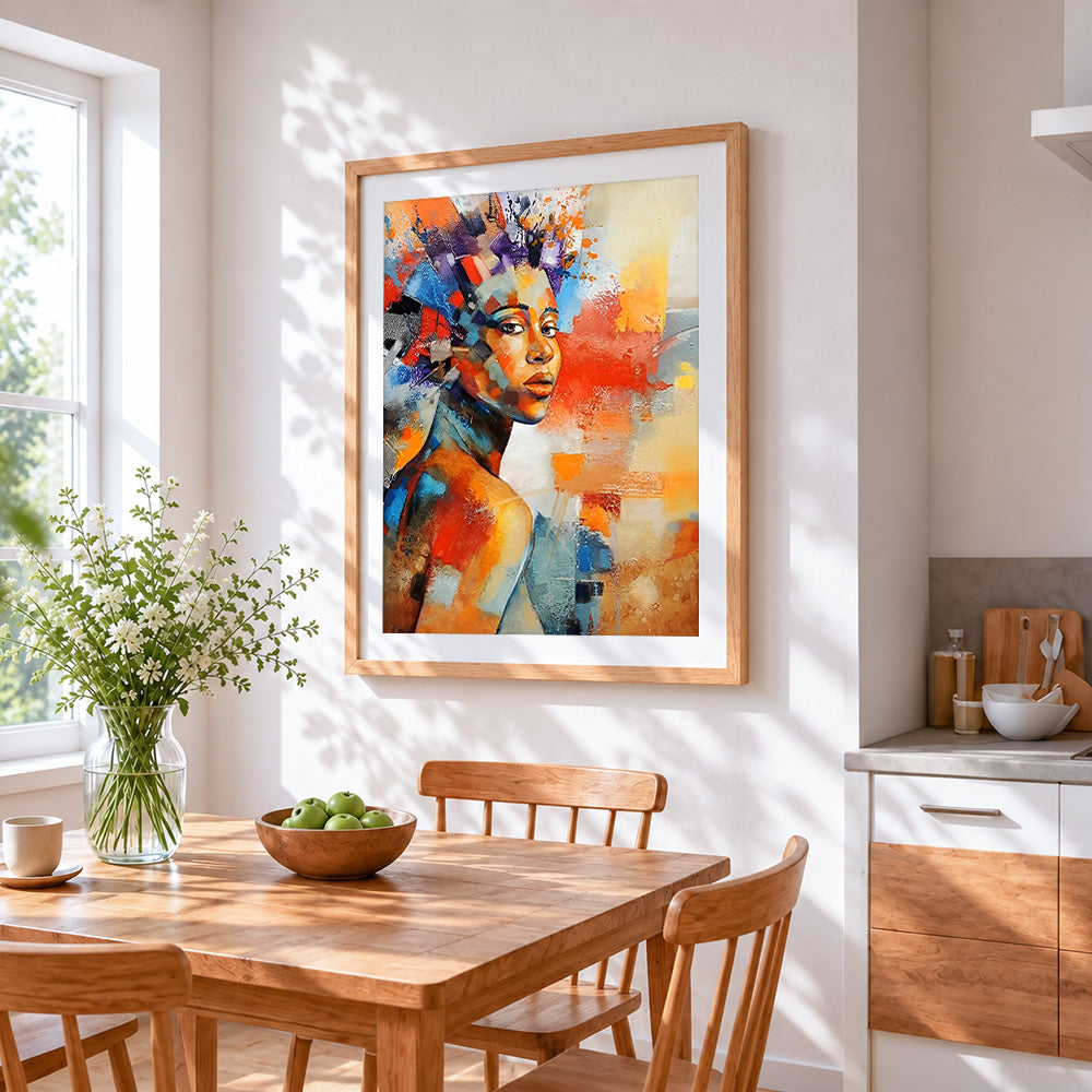 Abstract colourful african woman cross stitch artwork displayed on wall as home decor