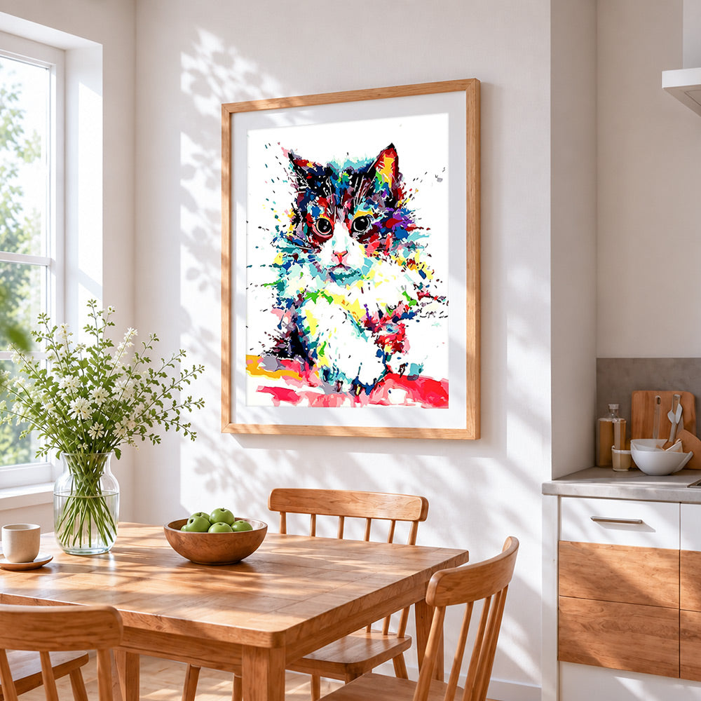 Abstract colourful cat cross stitch artwork displayed on wall as home decor