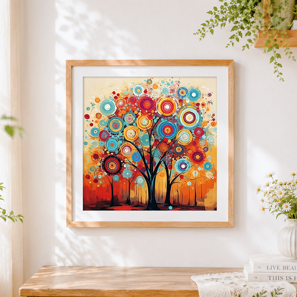 Finished abstract colourful circle tree cross stitch artwork displayed