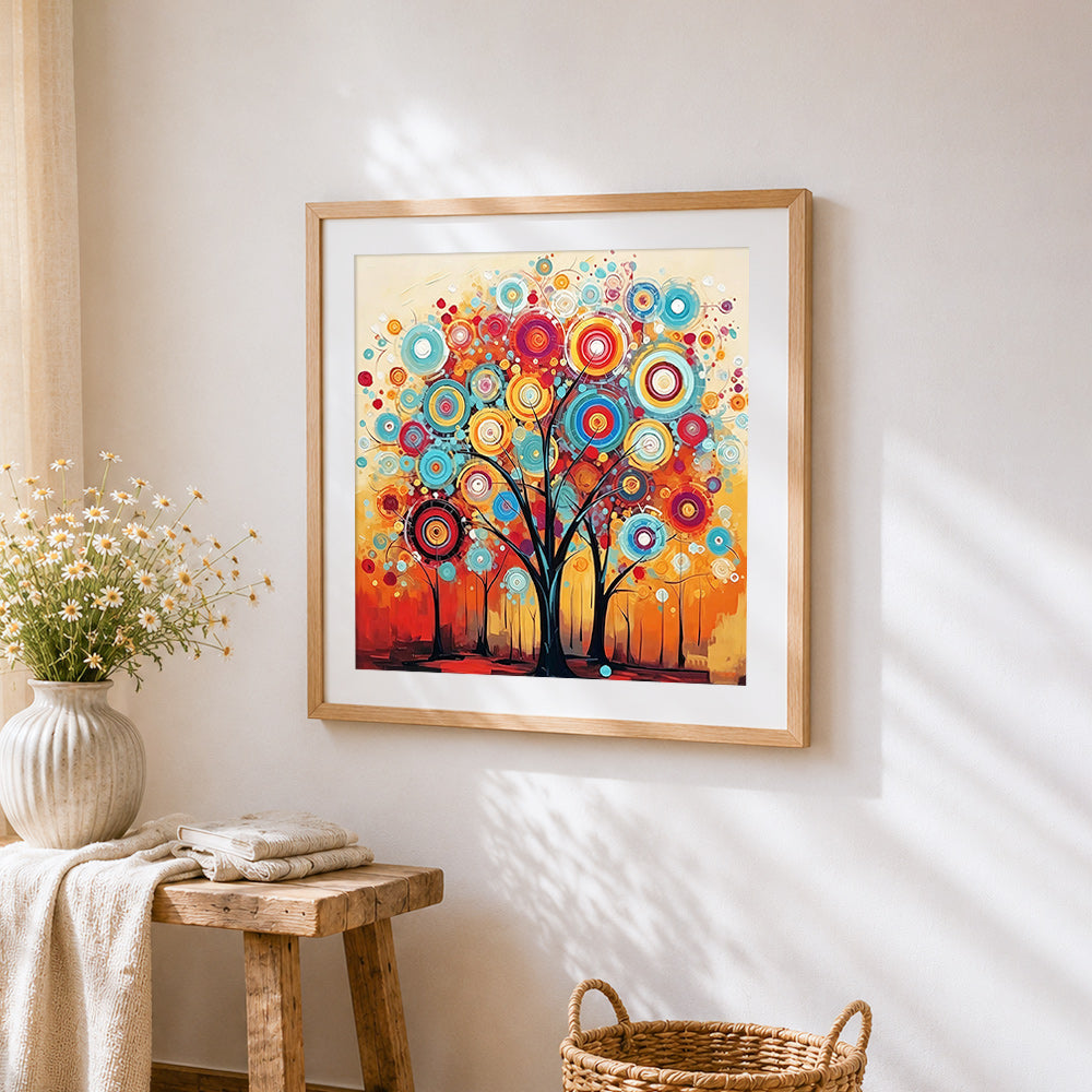 Abstract colourful circle tree cross stitch artwork displayed on wall as home decor