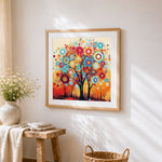 Abstract colourful circle tree cross stitch artwork displayed on wall as home decor
