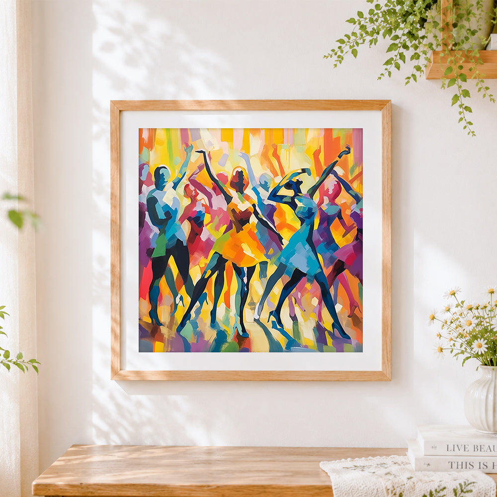 Finished abstract colourful dancers cross stitch artwork displayed