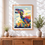 Finished abstract colourful dinosaur cross stitch artwork displayed