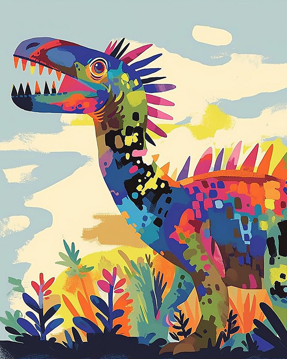 Abstract colourful dinosaur cross stitch kit for beginners