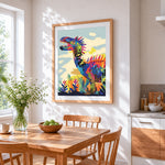 Abstract colourful dinosaur cross stitch artwork displayed on wall as home decor