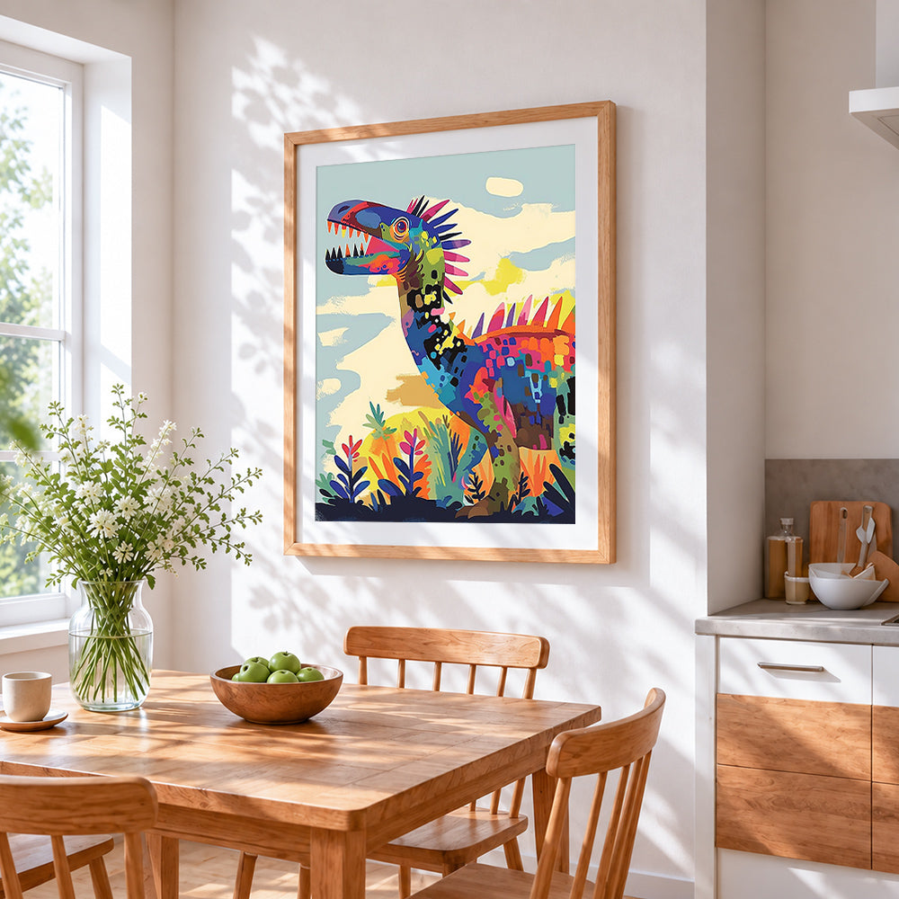 Abstract colourful dinosaur cross stitch artwork displayed on wall as home decor