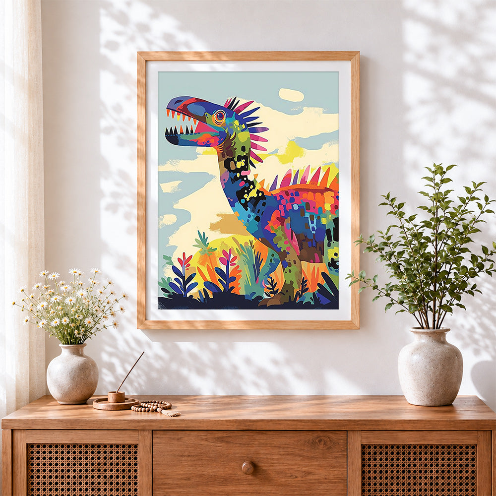 Finished abstract colourful dinosaur paint by numbers artwork displayed as home decor