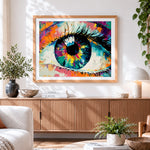 Finished abstract colourful eye paint by numbers artwork displayed as home decor