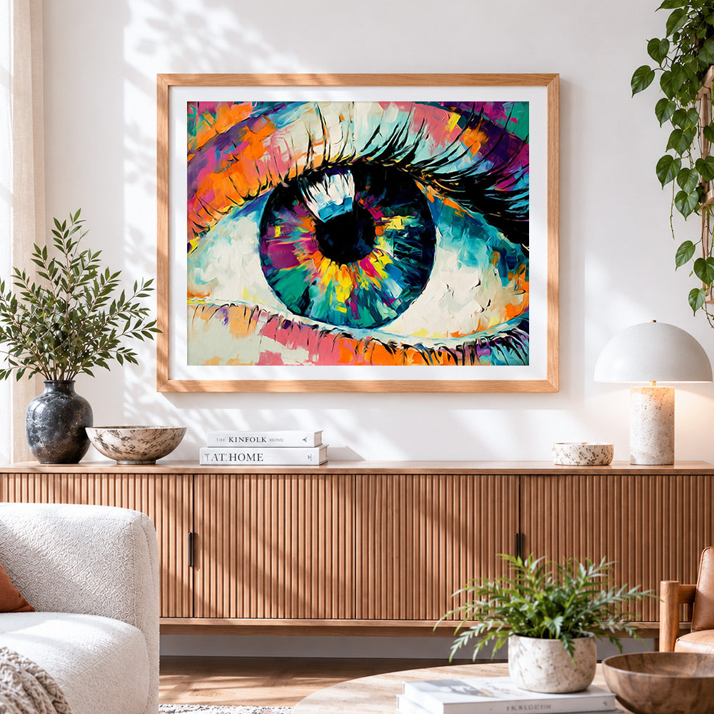 Finished abstract colourful eye paint by numbers artwork displayed as home decor