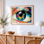 Abstract colourful eye paint by numbers artwork displayed on wall as home decor