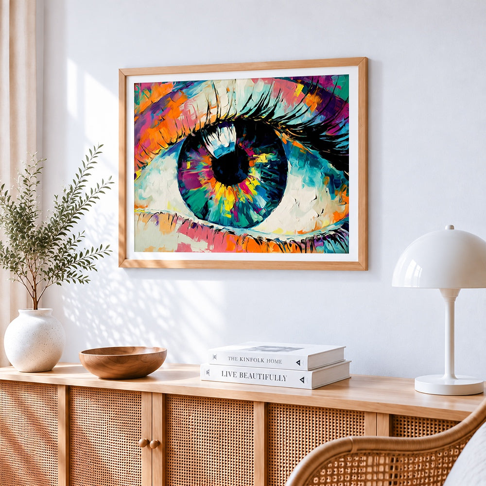 Abstract colourful eye paint by numbers artwork displayed on wall as home decor