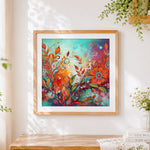 Finished abstract colourful floral swirls cross stitch artwork displayed